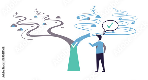 Vector illustration of a man thinking with a tree and lightbulb ideas, for business or marketing concept, isolated on transparent background, png