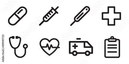 Essential Medical Icons Set with Pills, Syringe, Stethoscope, and Ambulance Symbols.