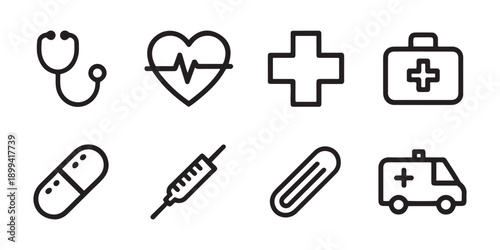 Modern Line Art Medical and Health Icons Set. Featuring Stethoscope Heart Syringe Ambulance and First Aid Kit.