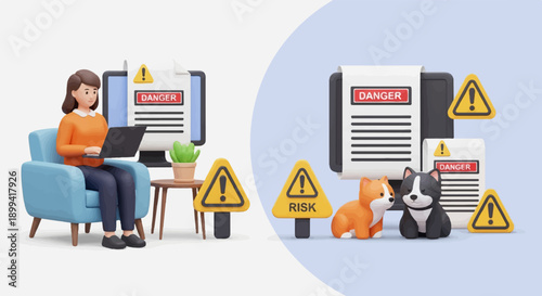 Woman on couch with laptop near danger alerts and cute dogs with warnings