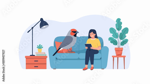 Woman on couch with tablet and bird companion indoors