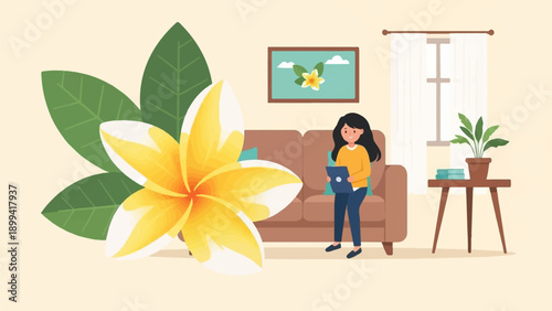 Woman on couch with laptop, large flower, and houseplant