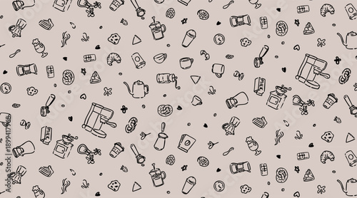 Coffee doodle seamless pattern. Hand drawn vector background with coffee beans, cups and hearts for cafe menu, bakery decor and food packaging. Cute morning sketch wallpaper for coffee shop branding.