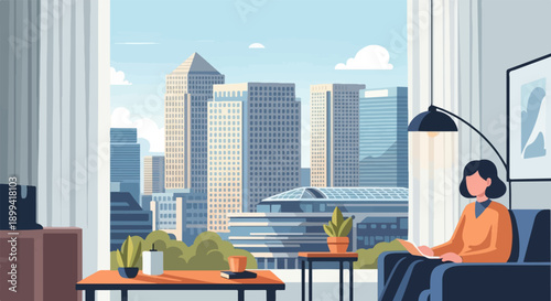 Woman on couch reading a book with city skyline visible through window