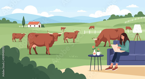 Woman on couch draws farm scene with cows grazing in green hills