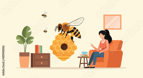 Woman on couch observes a large bee on honeycomb, with smaller bees flying