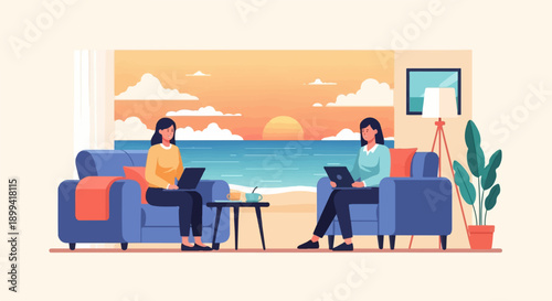 Two women work on laptops in a living room with a sunset ocean view