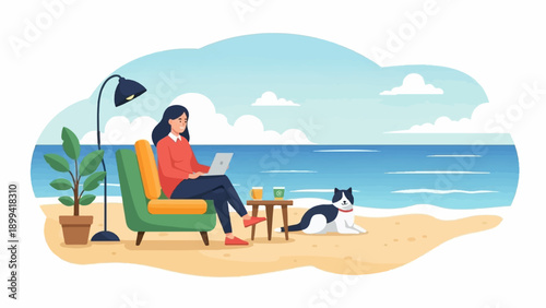 Woman on beach working on laptop with dog and plant