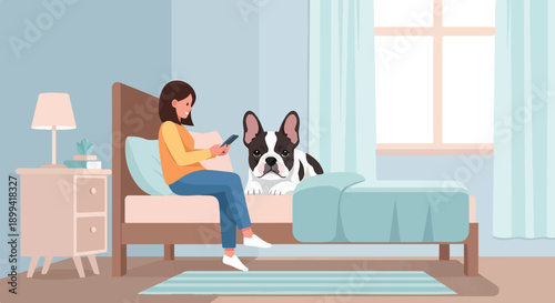 Woman on bed with phone looks at French Bulldog, bedside lamp nearby