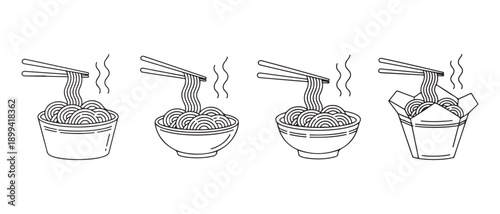 Steaming Hot Asian Noodles Eaten with Chopsticks from Bowls and Takeout Box Minimal Line Art Icons.
