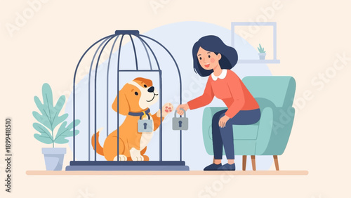Woman offers locked key to dog in cage, indoors with plant