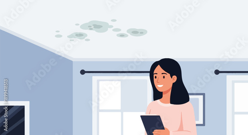 Woman observing mold spots on a light-colored ceiling in a room