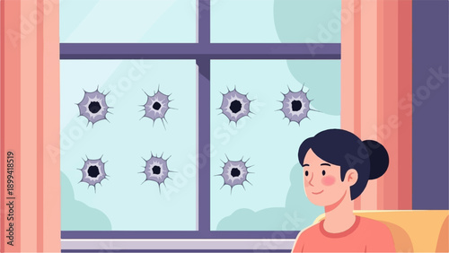 Woman near a window with bullet holes