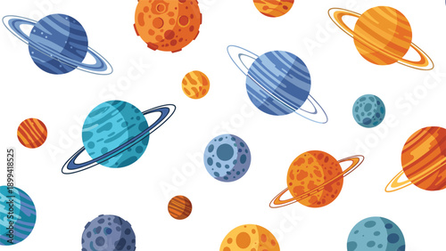 Seamless outer space pattern with colorful cartoon planets, including ringed planets and cratered moons, on a white background.