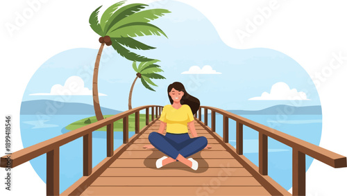 Woman meditating on a wooden pier with palm trees and ocean backdrop