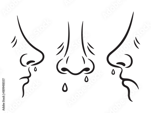 Minimalist Line Art Illustration of Three Noses with Runny Mucus, Symbolizing Cold and Allergy Symptoms.
