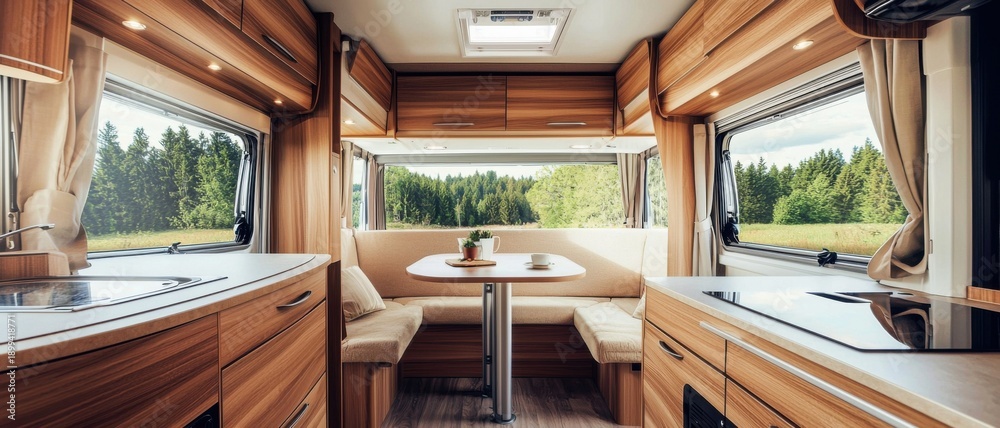 Fototapeta premium Cozy Modern Interior of a Camping RV with Wooden Finish