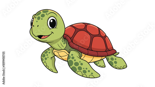 Cute and happy cartoon baby sea turtle with a red shell and big eyes, smiling and swimming on a transparent background.