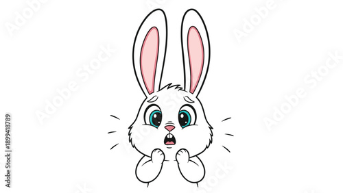 Expressive cartoon of a scared or surprised white rabbit with big blue eyes and long ears, isolated on a white background.