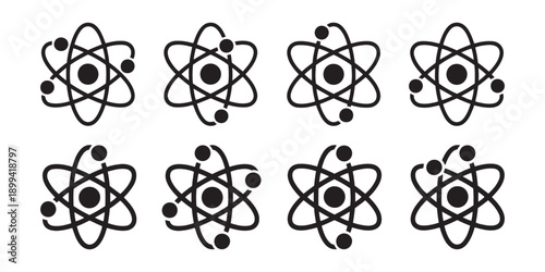 Collection of Modern Atom Icons in Black and White Representing Science, Physics, and Technology Concepts.