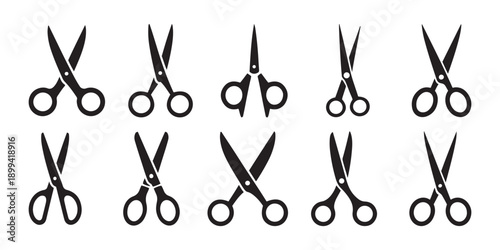 Collection of Black Scissors Icons Set. on White Background - Various Cutting Tool Silhouettes Vector Graphic.