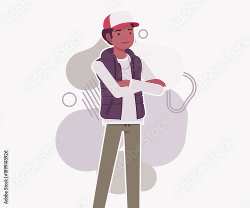 Young dark skin guy wearing cap, vest standing sure. Boy outdoor camping holiday fun, male hiking, shipping service delivery courier. Vector flat style cartoon illustration, creative background