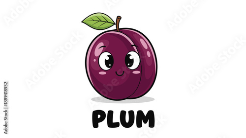 Cute kawaii plum fruit character with a happy face and a green leaf, with the word PLUM written below on white background.
