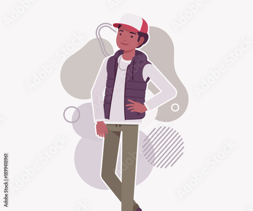 Young dark skin guy wearing cap, vest standing sure pose. Boy outdoor camping holiday, male hiking, shipping service delivery courier. Vector flat style cartoon illustration, creative background
