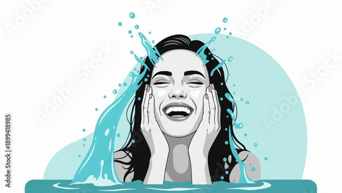 Woman joyfully splashes face with water, eyes closed in bliss