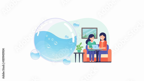 Two women work on laptops next to a giant bubble in a cozy room
