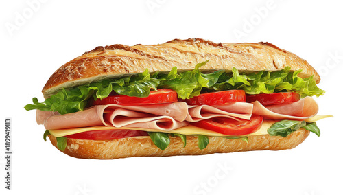A fresh ham and cheese sandwich on a baguette