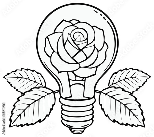 Conceptual light bulb with blooming rose flower and leaves line art drawing