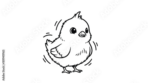 Adorable black and white outline of a fluffy baby chick flapping its wings, ideal for a children's coloring book page.