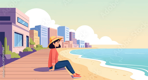 Woman in straw hat sits on wooden path overlooking beach and city skyline