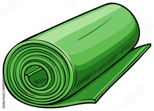 Rolled Green Yoga Mat or Exercise Mat Cartoon Style Illustration
