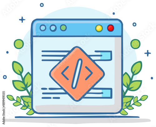 Digital Interface with Coding Symbol and Greenery Elements