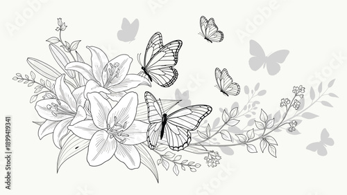 Elegant black and white floral arrangement of lily flowers with flying butterflies, hand-drawn in a beautiful vintage sketch style.