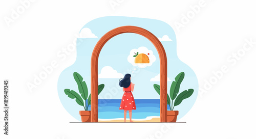 Woman in red dress gazes at ocean, dreaming of a tasty taco