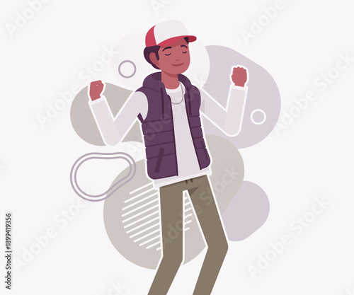 Young dark skin guy wearing cool cap, vest happy emotion. Boy outdoor camping holiday, male hiking, shipping service delivery courier. Vector flat style cartoon illustration, creative background