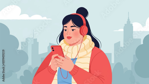 Woman in red jacket and scarf listens to music on phone in city