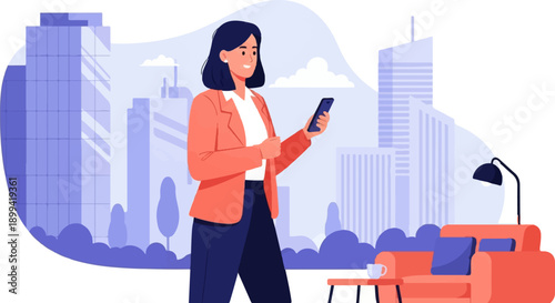 Woman in orange jacket uses smartphone indoors, city buildings backdrop