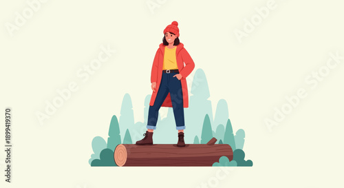 Woman in red coat and hat stands on log with forest background