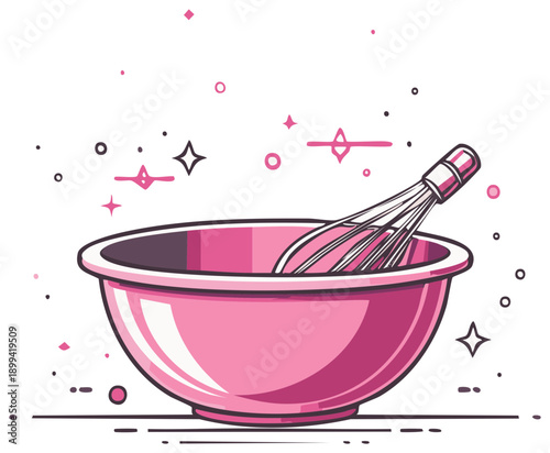 Pink mixing bowl with a whisk, cooking illustration, kitchenware, pink, cooking, culinary, whisk, illustration