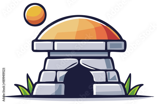 Illustration of an ancient stone structure with a sun, conceptual art, vector graphic.