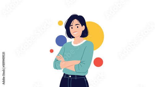 Modern flat illustration of a confident young woman with short dark hair, smiling with her arms crossed and colorful circles behind.