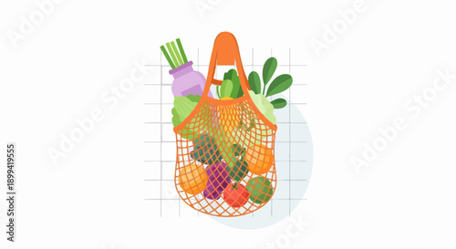 Vibrant net bag overflowing with fresh produce on a tiled background