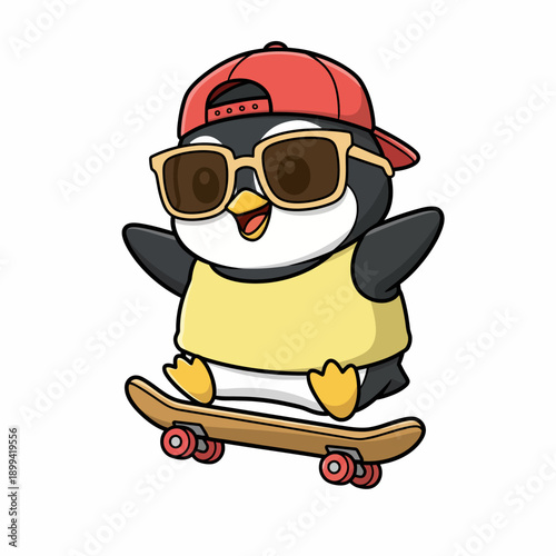 Cool Penguin Skater Cartoon Illustration with Sunglasses and Cap.