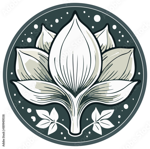 Elegant stylized lotus flower illustration within a decorative circular frame design