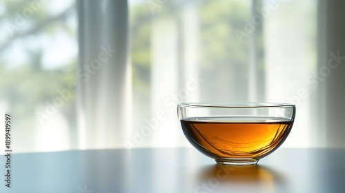 consomme. Crystal clear glass bowl filled with golden consomme soup, natural window lighting. menu design, packaging mockups, designed for food delivery and cloud-kitchen brand materials.