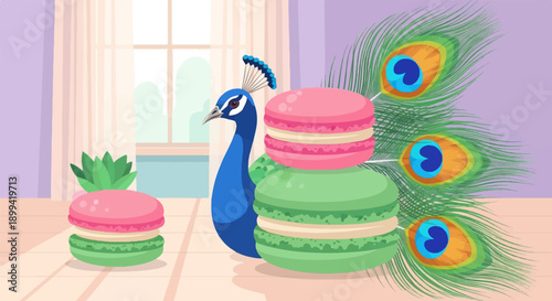 Vibrant peacock beside stacked and single macarons, with opulent feathers in background